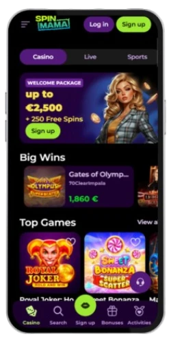 Het hoofdscherm van de Spinmama casino mobiele app met de welkomstbonus