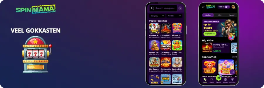 The main games lobby of Spinmama casino displaying various slot icons