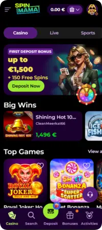De startpagina van Spinmama casino met de eerste stortingsbonus en populaire gokkasten