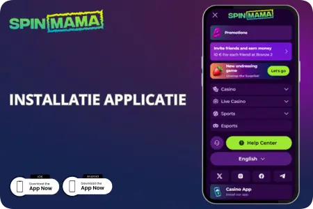 De installatiepagina van de Spinmama casino mobiele app met een smartphone-interface en downloadknoppen voor iOS en Android