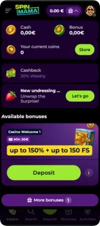 Het persoonlijke spelersprofiel op het Spinmama platform met beschikbare bonussen og het saldo-overzicht