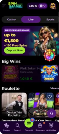 De live casino sectie op het Spinmama platform met verschillende live roulette spellen