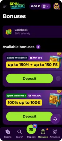 Het overzicht van actieve welkomstbonussen voor casino og sport op het Spinmama platform